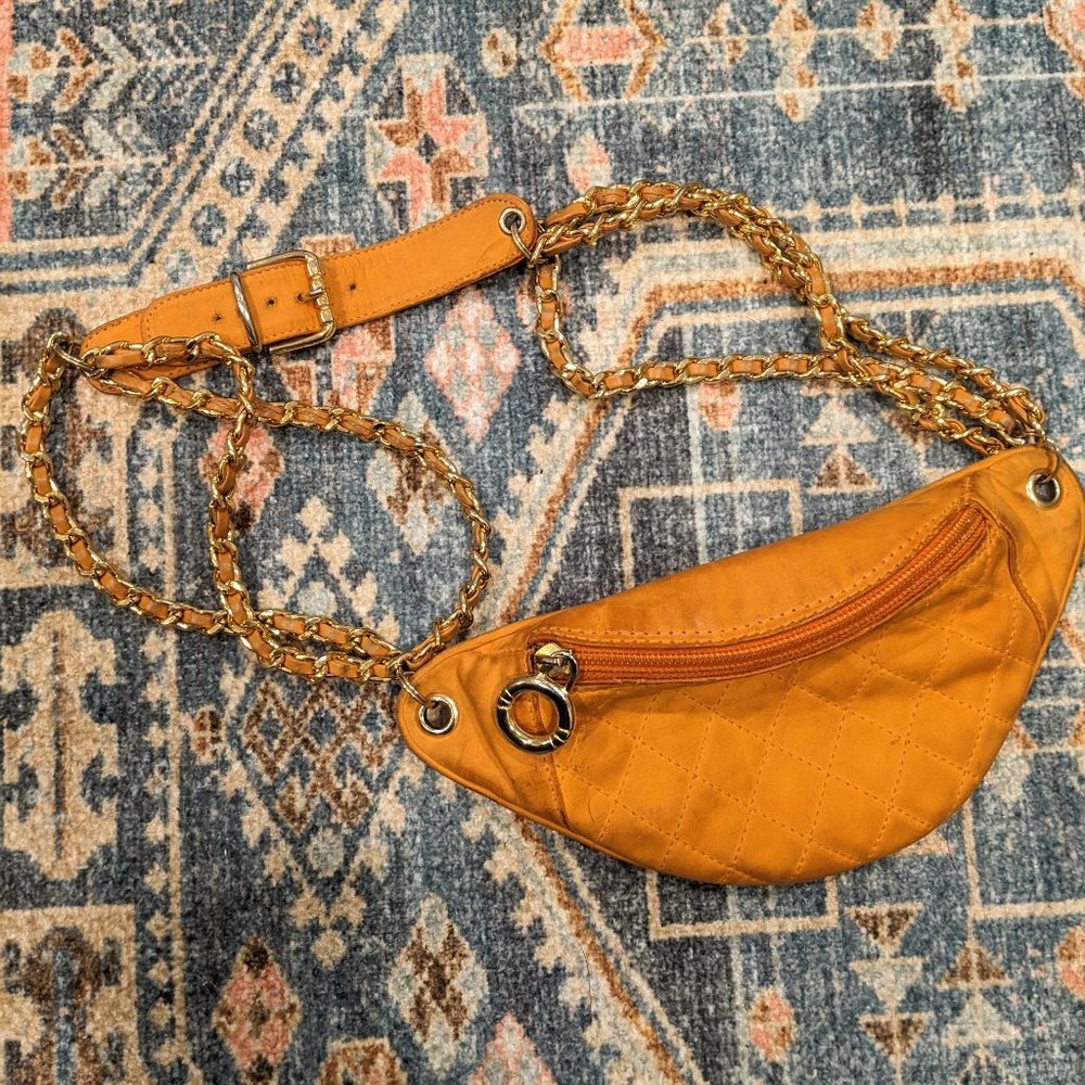 Vintage Orange Leather Maraolo Gold Chain Fanny Pack Waist Bag